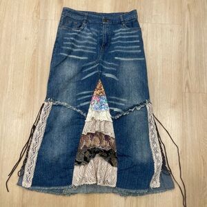 Iber patchwork denim maxi skirt with lace and tie details
